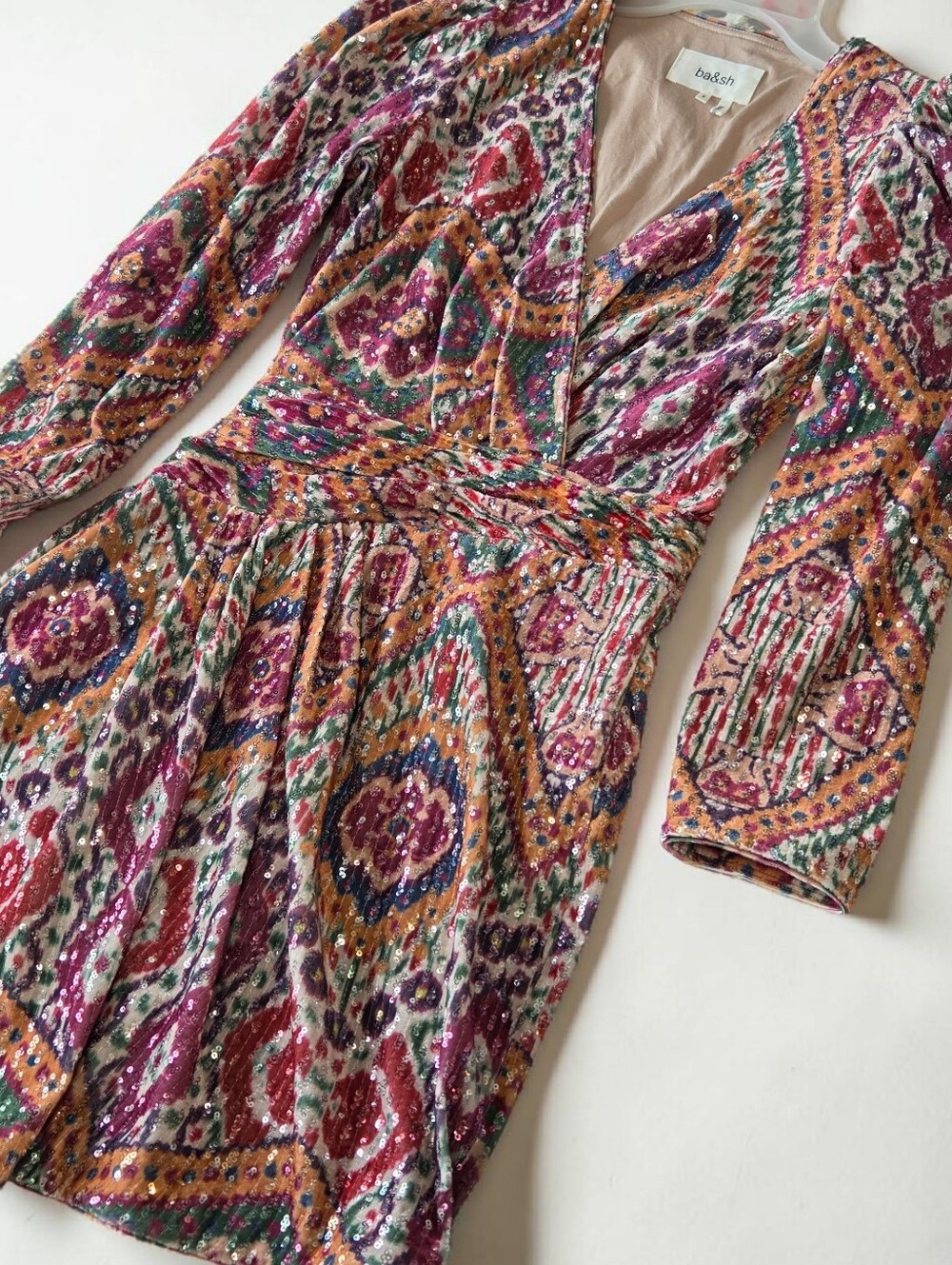 ba&sh Velvet + Sequins ✨ V-Neck Faux Wrap Multicoloured Mini Dress Sz S NWOT